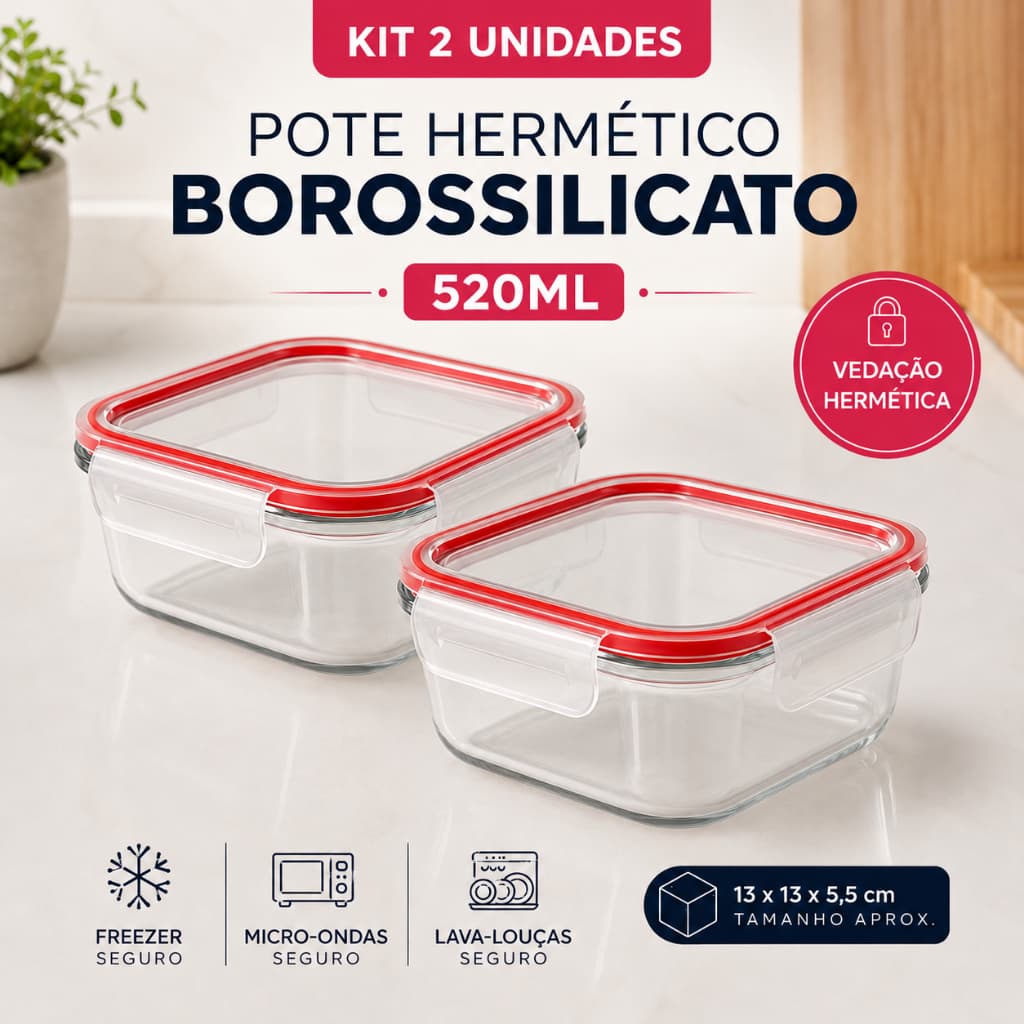 Kit 2 Potes Herméticos Quadrados Vidro Borossilicato 520ml Tampa Trava Freezer Microondas
