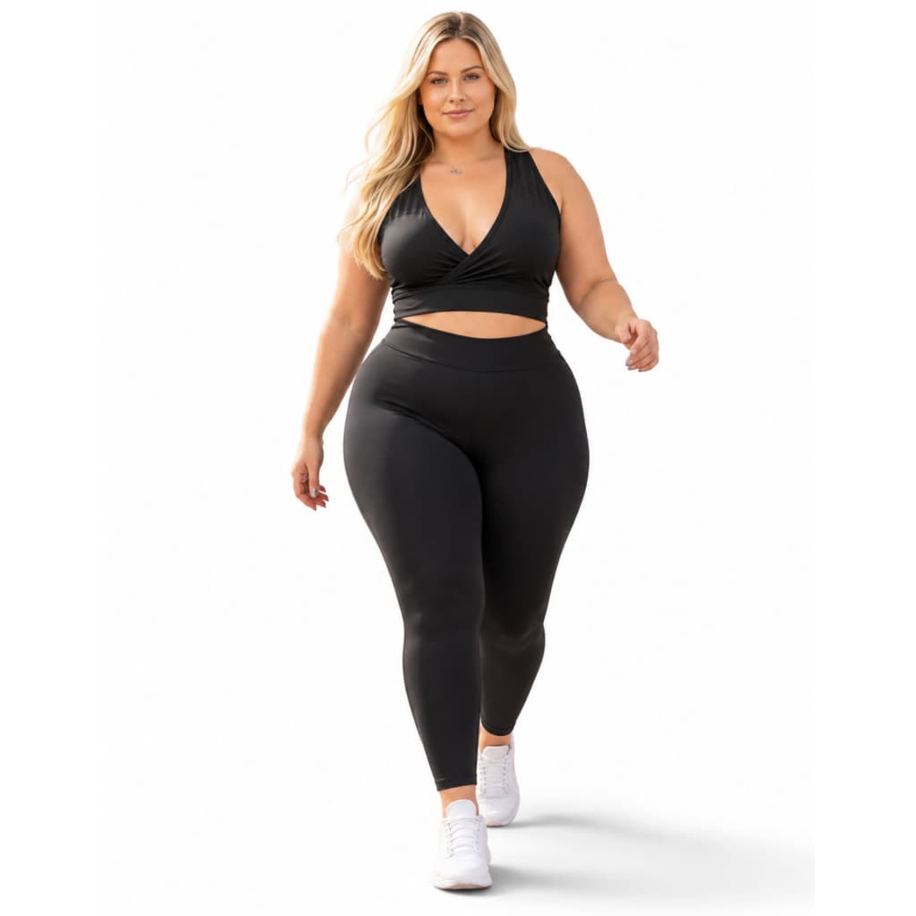 Conjunto Plus Size Feminino De Academia Top E Calça Cós Alto
