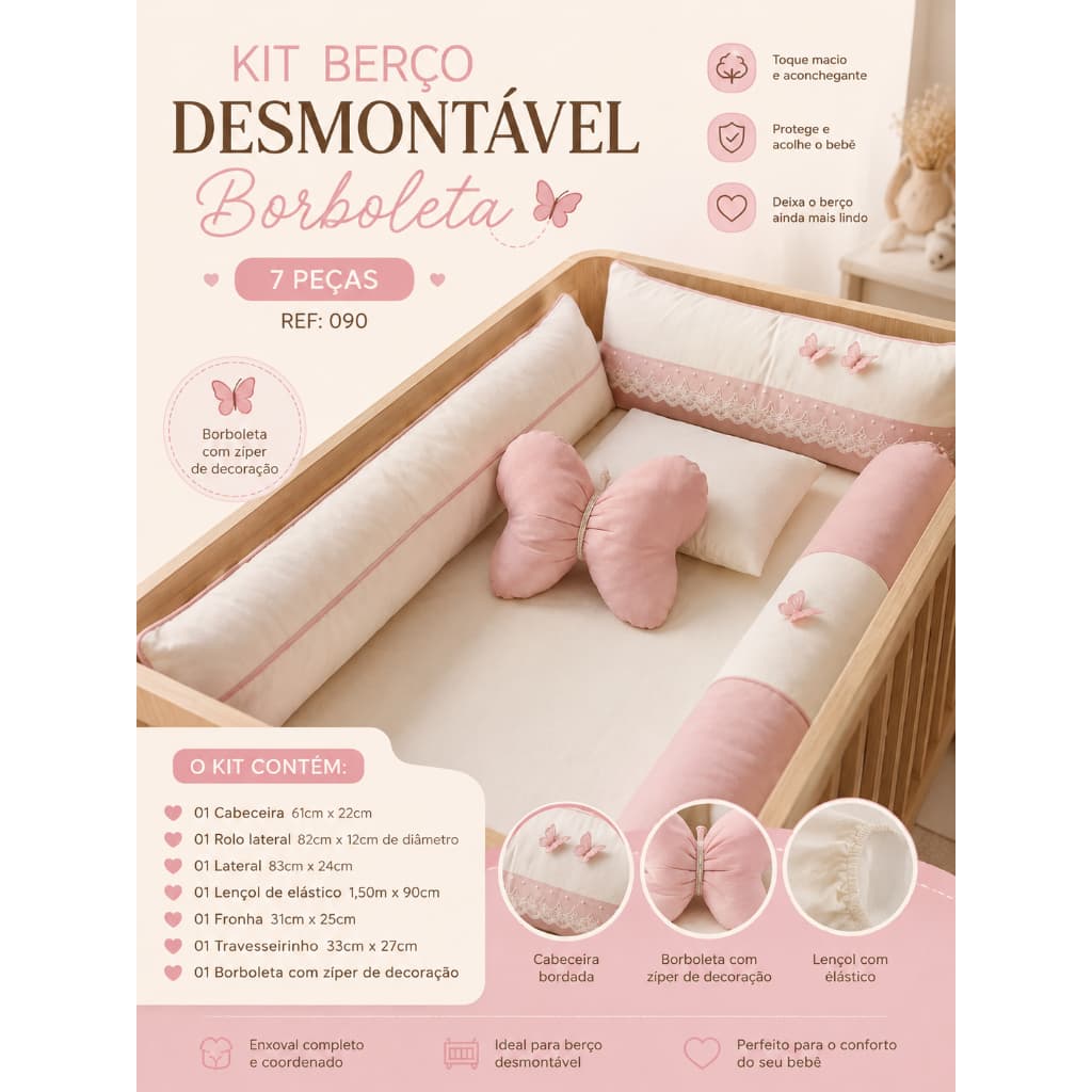 Kit Berço Desmontável 7 Peças Borboleta com Lençol Cabeceira e Protetores