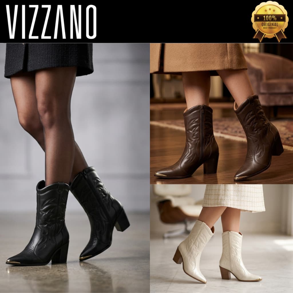 Bota Country Vizzano Western Texana Feminina Cano Médio Salto Bloco Grosso Confortável Bico Fino 3113101 Original