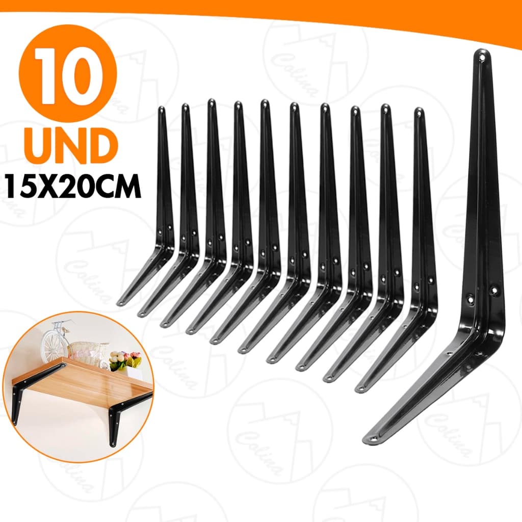 Kit de até 10 Mão Francesa Reforçada Cantoneira Metálica Preta 6x8'' 15x20CM Importadora Util