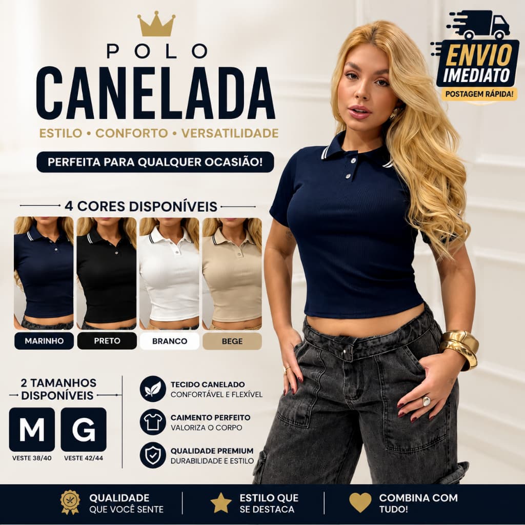 Blusinha Polo Feminina Cropped Manga Curta Canelada Premium Tamanho M e G - Envio Imediato !!!