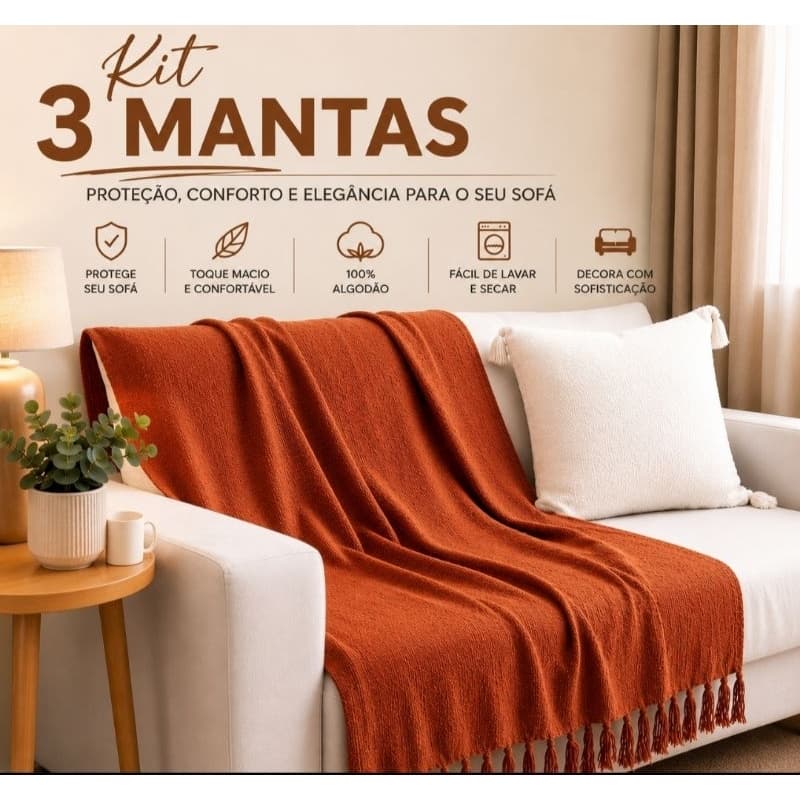 Kit 3 Mantas Protetora Decorativa Grande 100%Algodão 210x120  Sofá , Cama e Poltrona