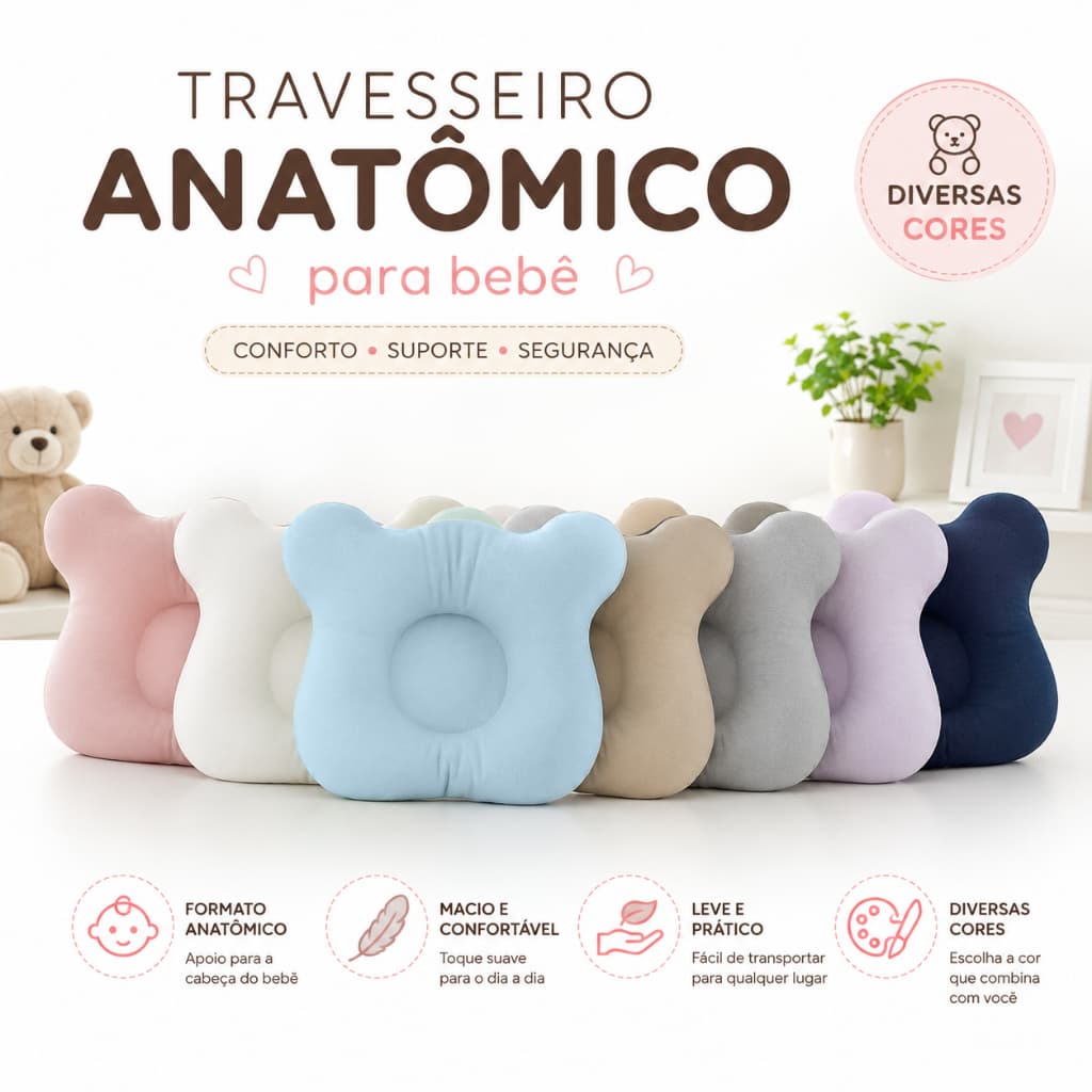 Travesseiro Anatômico para Bebê Ursinho Confortável Suporte para Cabeça Recém-Nascido