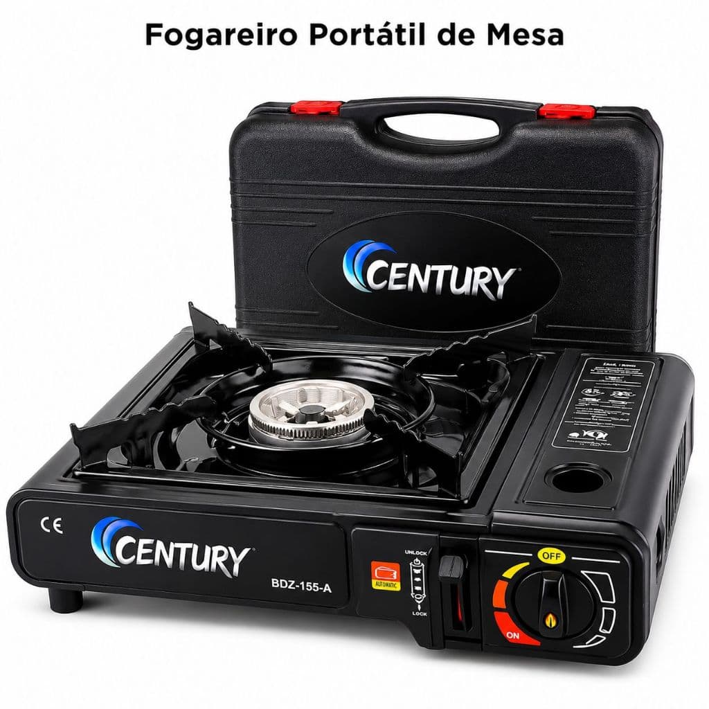 Fogareiro Portátil a Gás Century Com Maleta Acendimento Automático Camping Viagem Pesca Cozinha Butano
