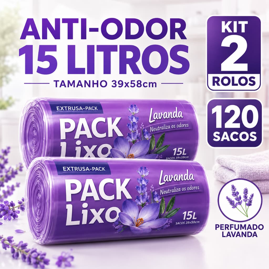Kit 2 Saco De Lixo 15L Perfumado Lavanda 120 Sacos Reforçado Cozinha Banheiro Casa Astro Pack