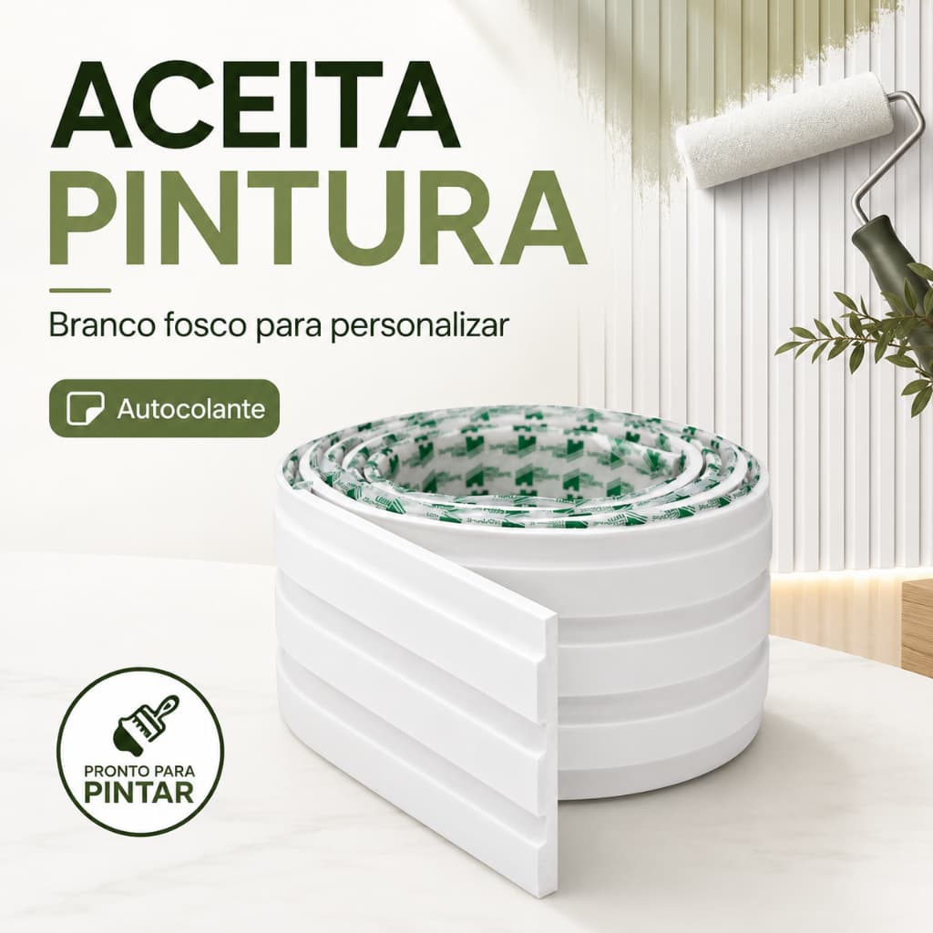 Painel Ripado Branco Fosco Aceita Pintura EVA Autocolante 10m x 10cm Rolo Decoração Parede Rodapé