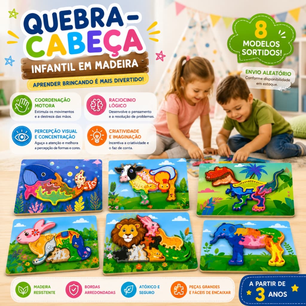 Quebra-Cabeça Infantil Madeira Educativo Animais Montessori Brinquedo Pedagógico Coordenação Motora Colorido