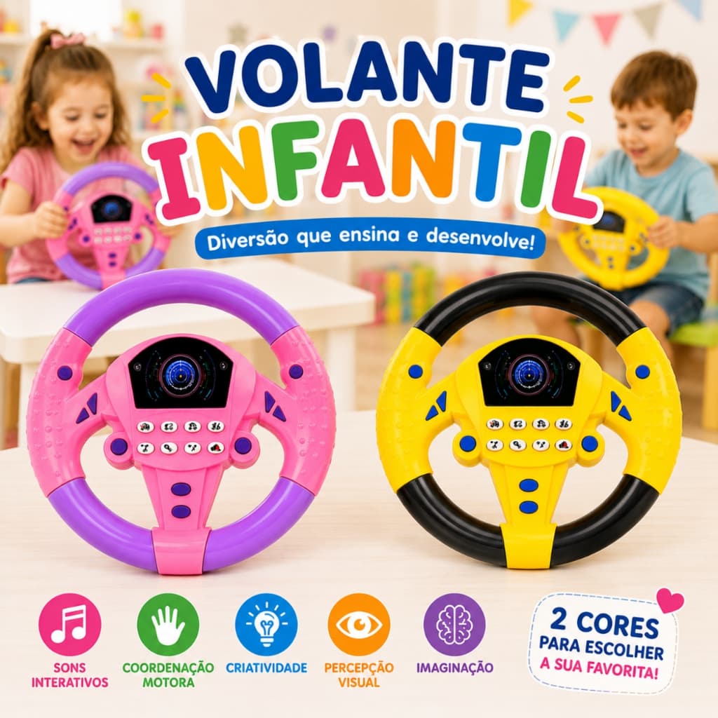 Volante Infantil Musical Interativo Com Sons Luzes Buzina Educativo Com Ventosas 2 Cores 3 Anos+