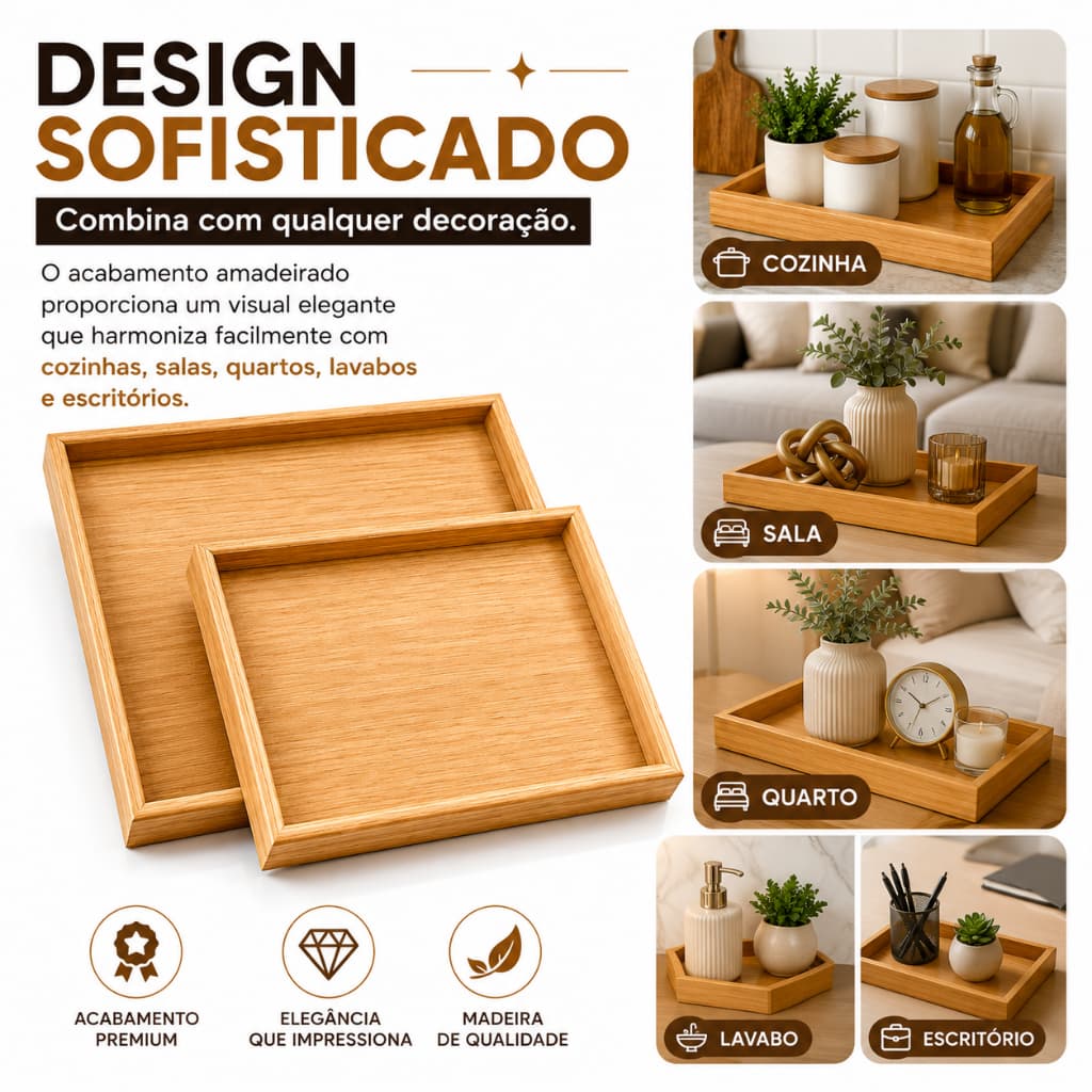 Kit 2 Bandejas de Madeira Retangulares TrayLux™ Multiuso Decorativa Organizadora para Cozinha Banheiro Sala