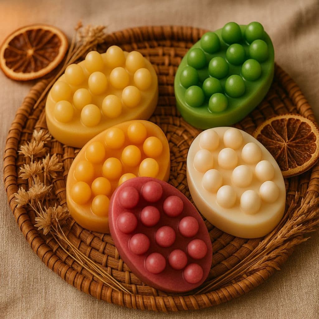 Sabonete Pinos Massageador Relaxante Hidratante Artesanal 80g Camomila Lavanda Alecrim Chá Branco Mel Maracujá