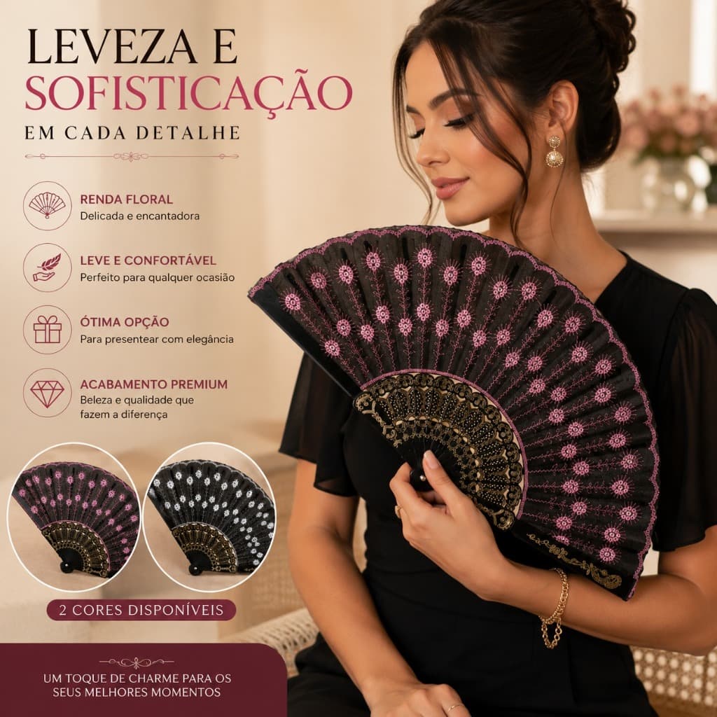 Leque de Mão Rendado Floral Dobrável Elegante Preto Festa Casamento Dança Decoração Feminino