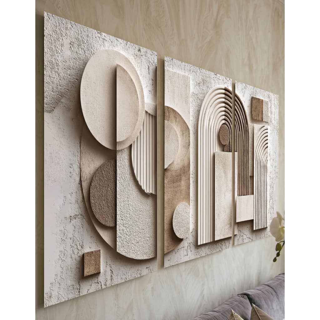 Kit Quadro Decorativo 3 Peças Textura 3D Mármore Bege Geométrico Sala Estar Quarto Decoração