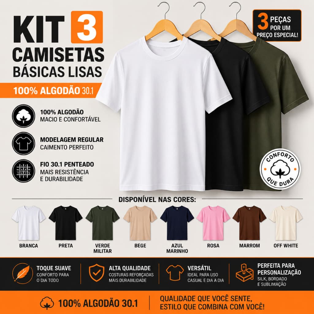 Kit 3 Camisetas Básicas 100% Algodão 30.1 Masculina Unissex Lisa Gola Redonda Confortável Premium