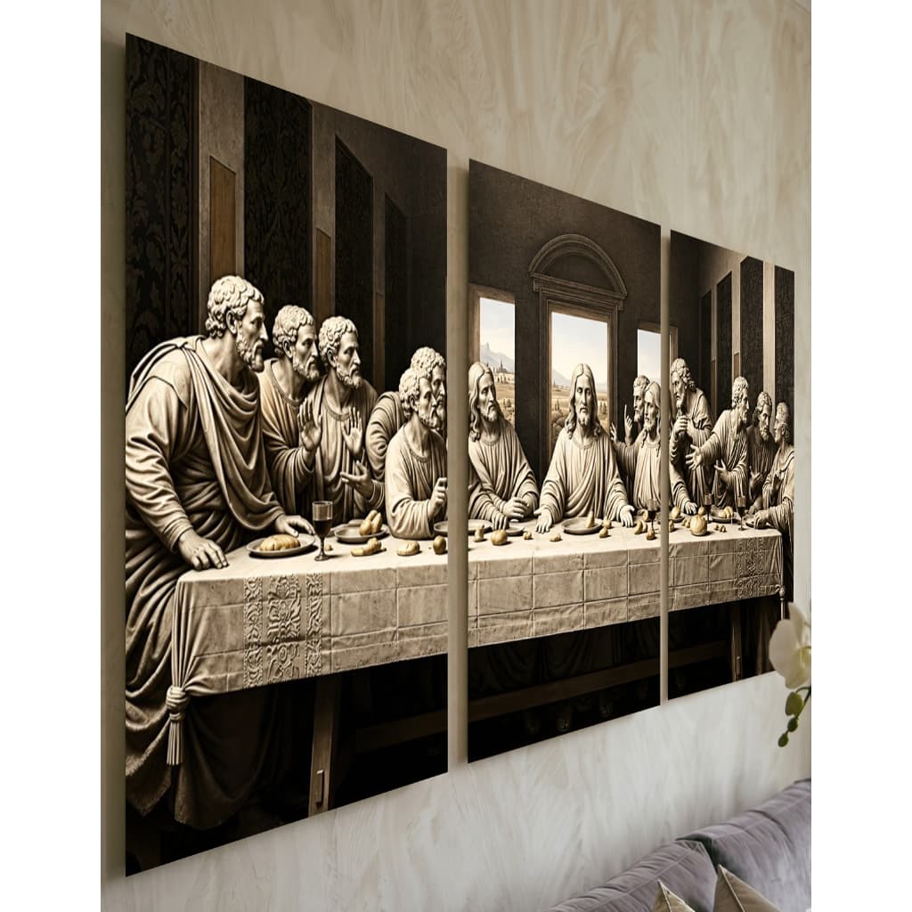 Quadro Painel Santa Ceia 3 Peças Escultura Dourada Sala Estar Quarto Decoração Religiosa Moderna Top