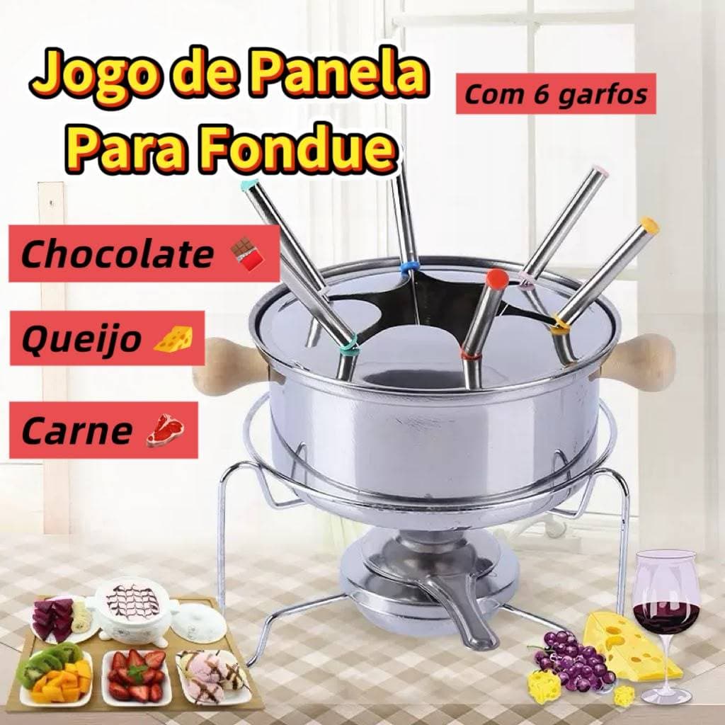 Aparelho de Fondue Inox Kit Completo com 6 Garfos para Chocolate, Queijo e Carne