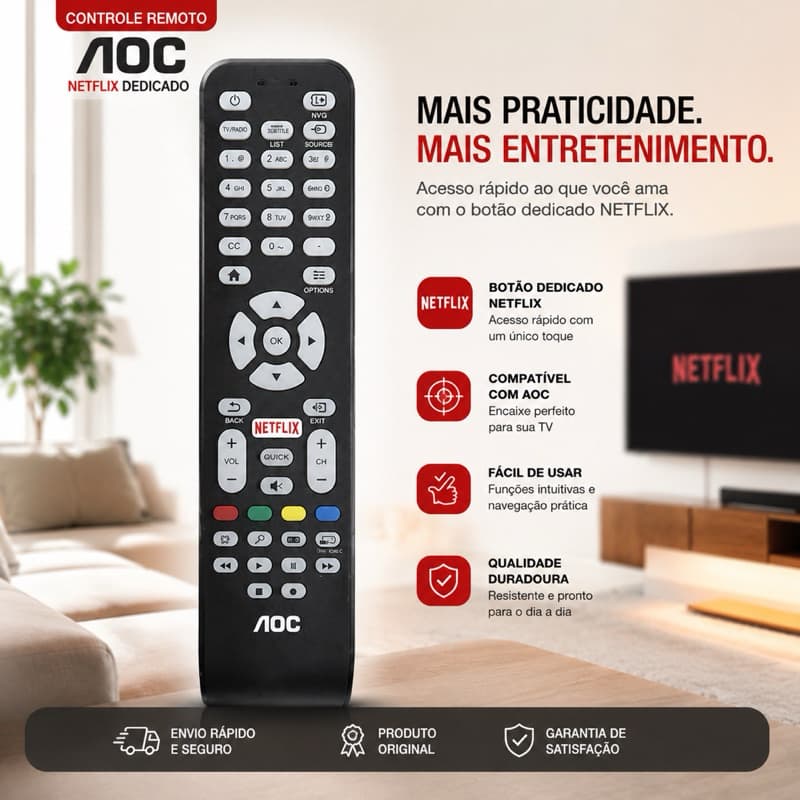 Controle Remoto Para Tv Aoc Com Botão Netflix Led Smart Novo SKY-8050 / LE-7463 / VC-A8203 - Substituto Compatível