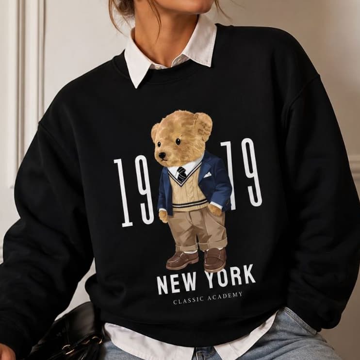 Moletom Careca Blusa Flanelada blogueira Moletom Estampa urso Blusa de frio Feminina 100% Algodão quentinha Inverno NY
