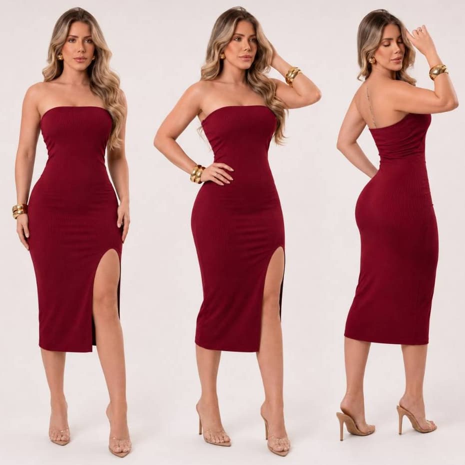 Vestido Midi Feminino Tomara Que Caia Canelado Com Fenda Tubinho Justo Elegante Festa Balada