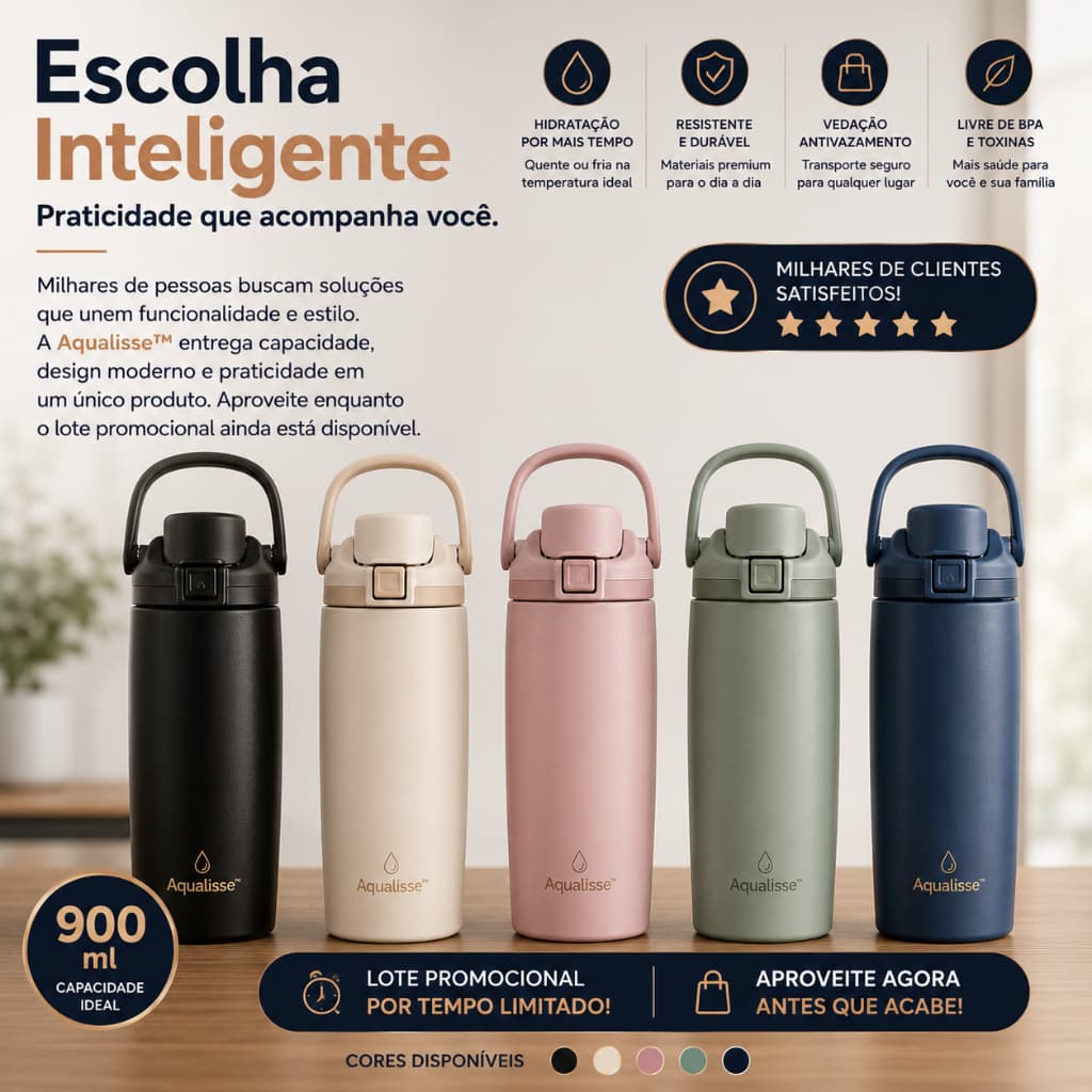 Garrafa Térmica 900ml Inox com Alça | Mantém Gelado e Quente | Portátil Antivazamento Aqualisse™