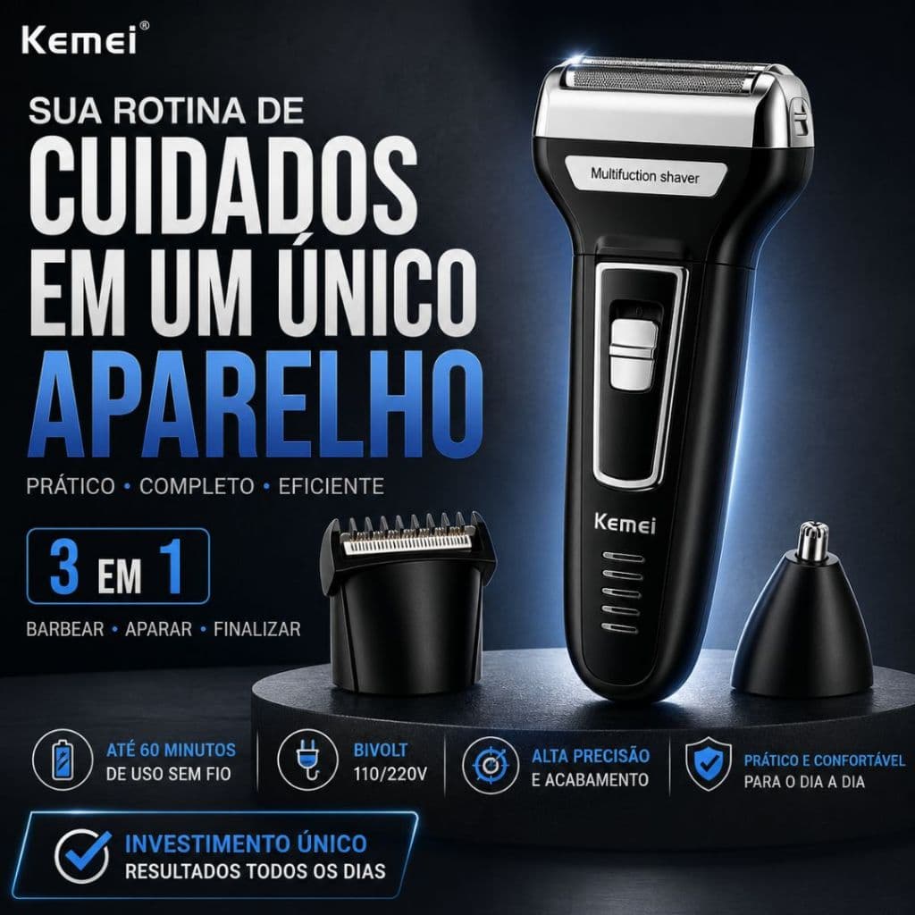 Barbeador Elétrico portátil 3 em 1 Profissional - Elétrico Recarregável - Bivolt - Sem Fio
