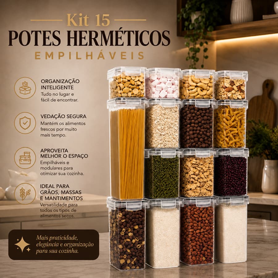 Kit 15 Potes Herméticos Porta Alimentos Empilháveis Organizador Cozinha
