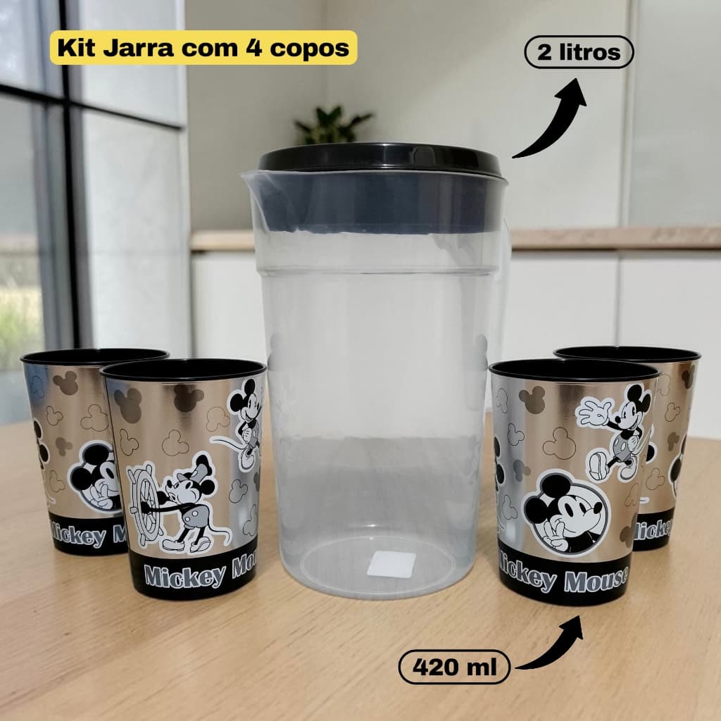 Conjunto Jarra de Suco 2 Litros com 4 Copos 420ml Decorados Mickey Retrô Plásticos