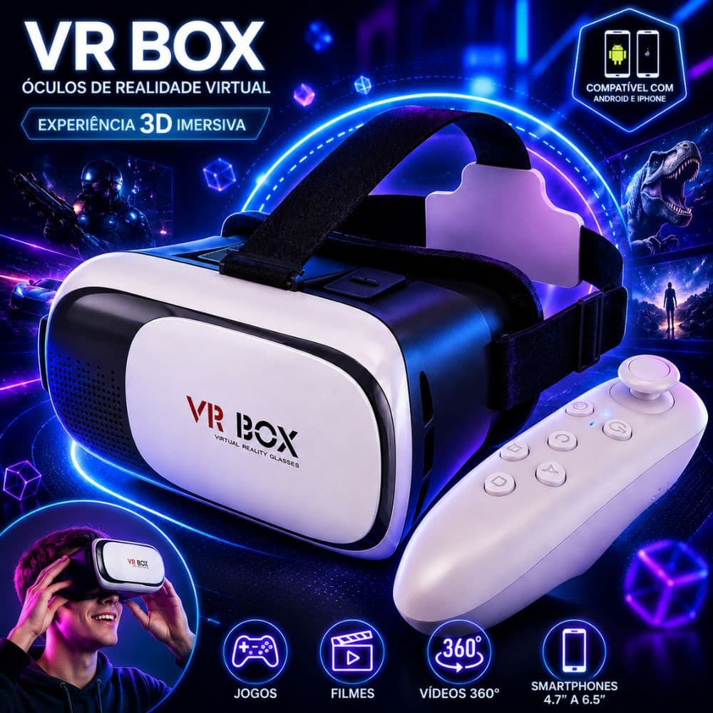 Óculos VR Realidade Virtual 3D Box com Controle Bluetooth para Celular