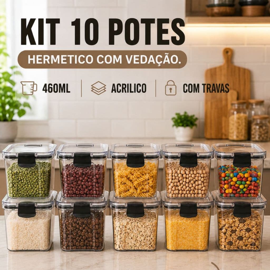 Kit 3/6/10 Potes Herméticos 460ml para Mantimentos Organizador Cozinha Plástico com Tampa Vedação