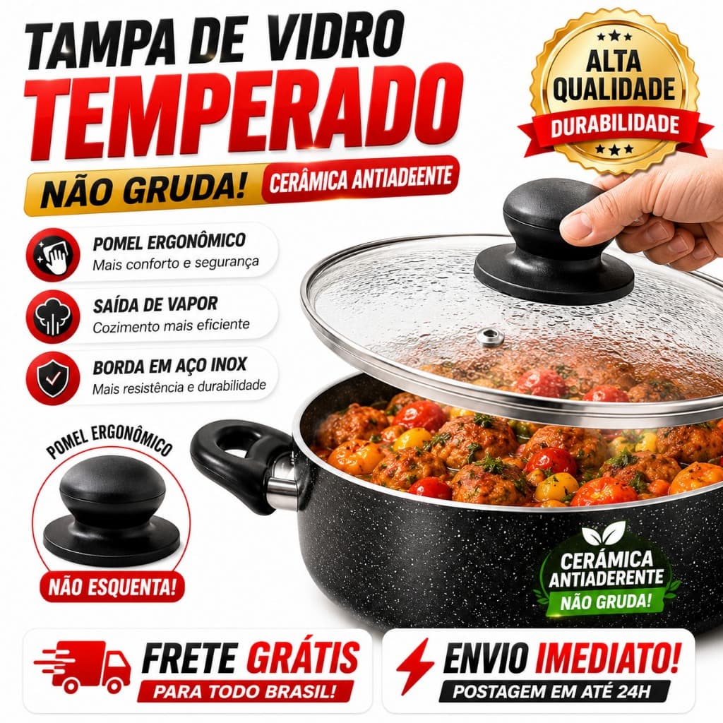 Caçarola  Cerâmica antiaderente 20cm Cozinha Fácil Limpeza Tampa Vidro Resistente