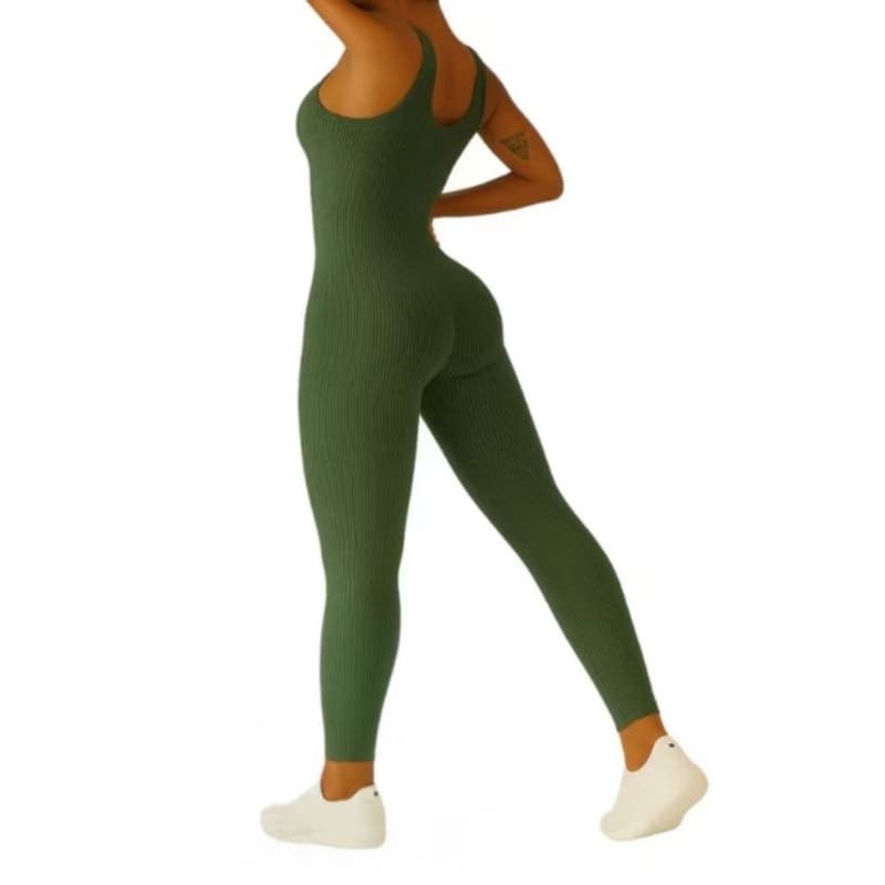 Macacão feminino canelado longo com bojo removível para yoga academia e treinos