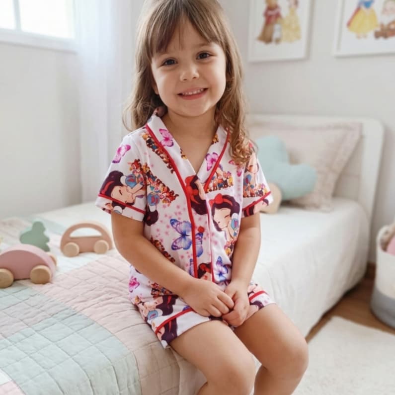 Pijama Americano Infantil Branca de Neve Feminino | Conjunto Short e Blusa Confortável | Moda Infantil PP ao G