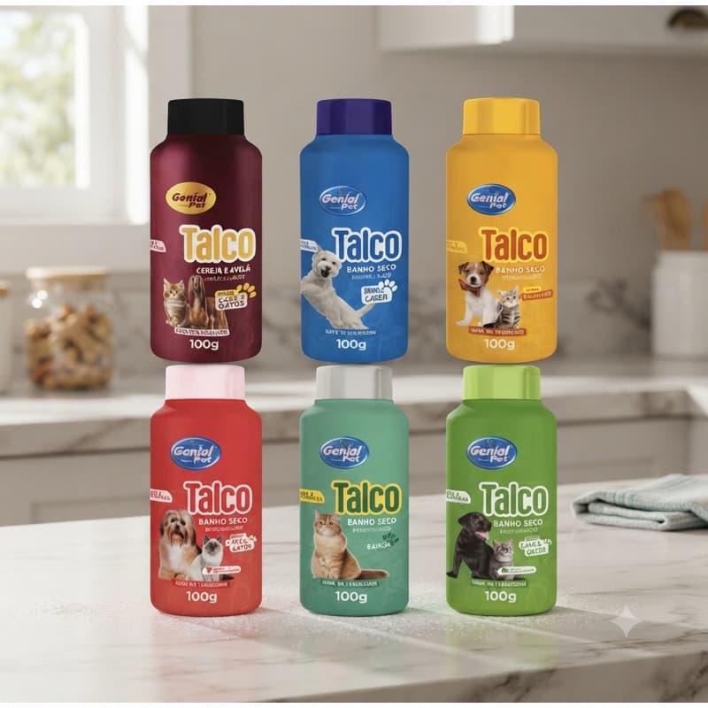 Talco Pet para Cães e Gatos Higiene e Perfume para Pelos 6 Fragrâncias