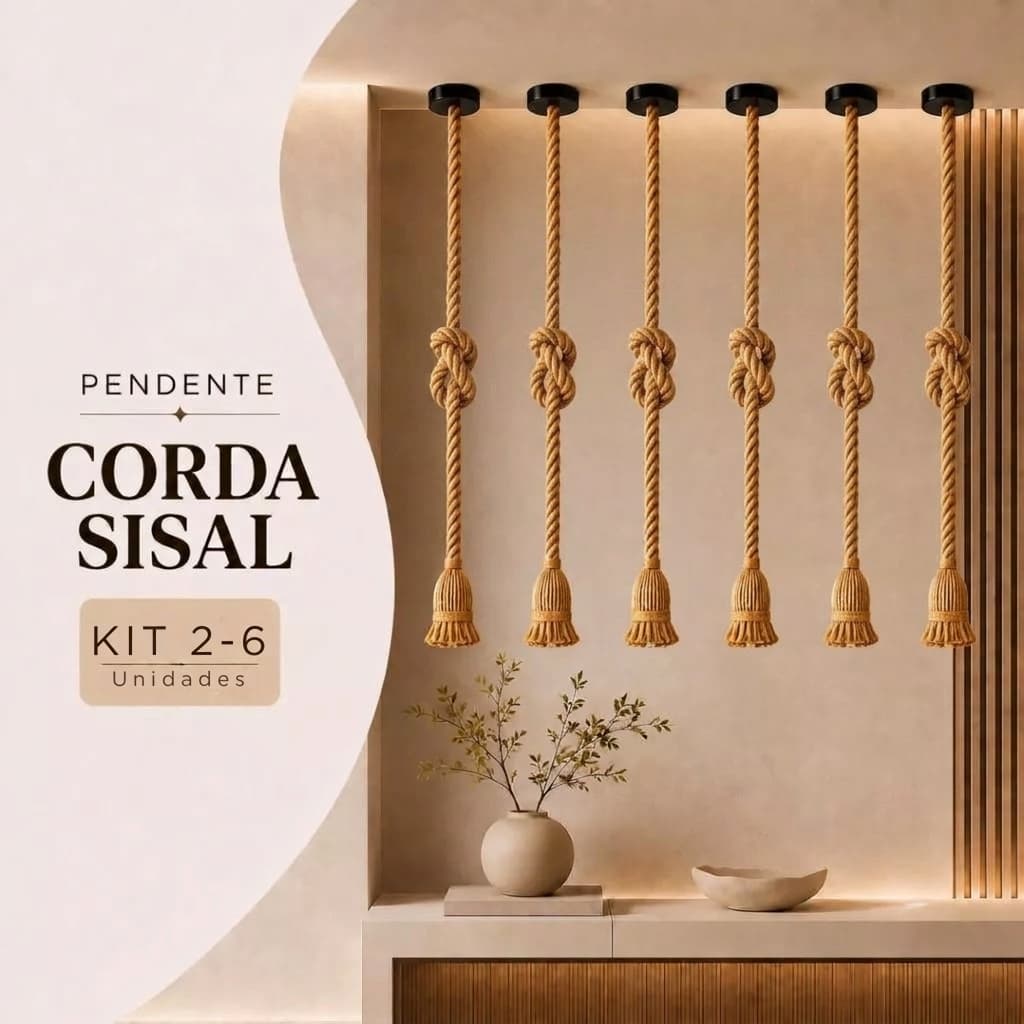 Kit 2-6 Pendente Luminária Corda Sisal 1m E27 Bivolt Lustre Rústico Decorativo Fibra Natural 110/220V