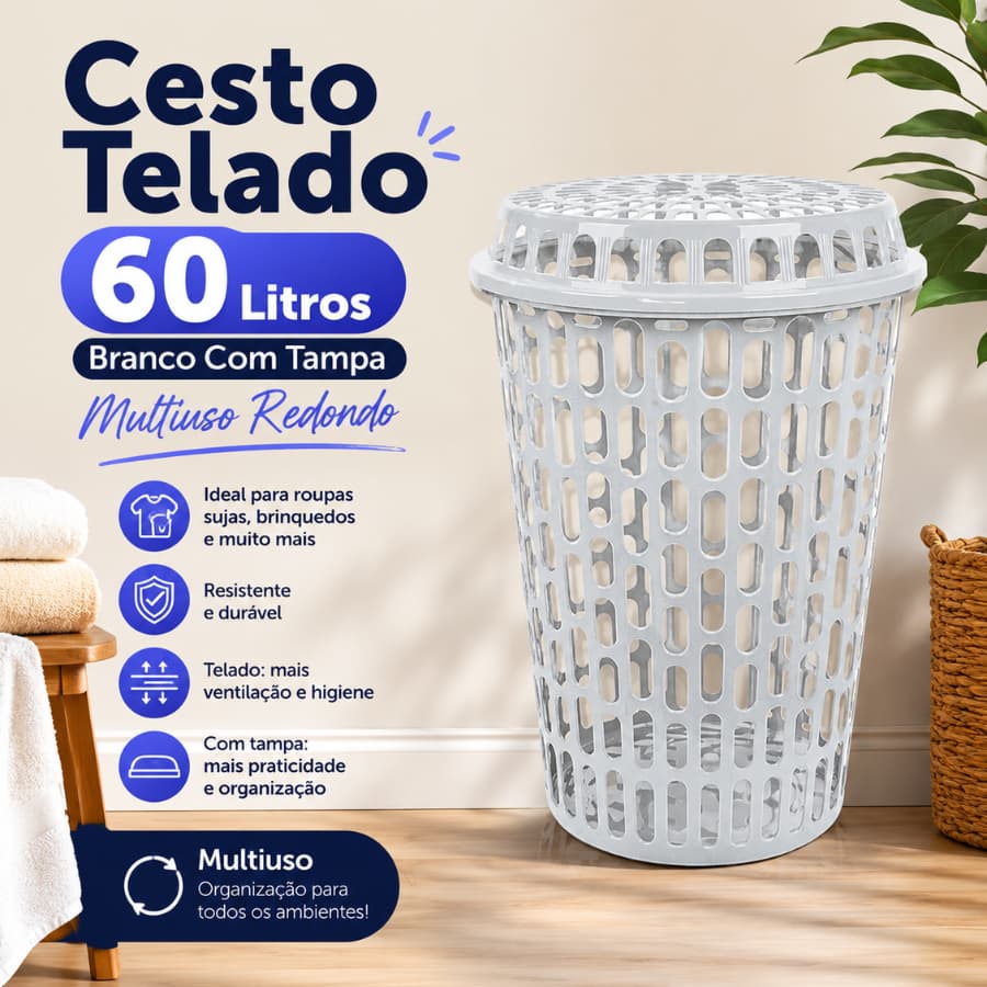 Cesto Telado  60 Litros Branco Com Tampa  Multiuso Redondo