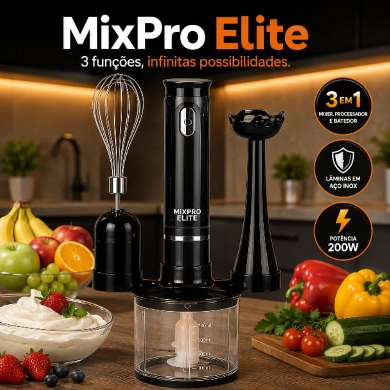 Mixer 3 em 1 220V Processador de Alimentos Batedor Fouet Copo 700ml Aço Inox Velocidade Variável MixPro Elite