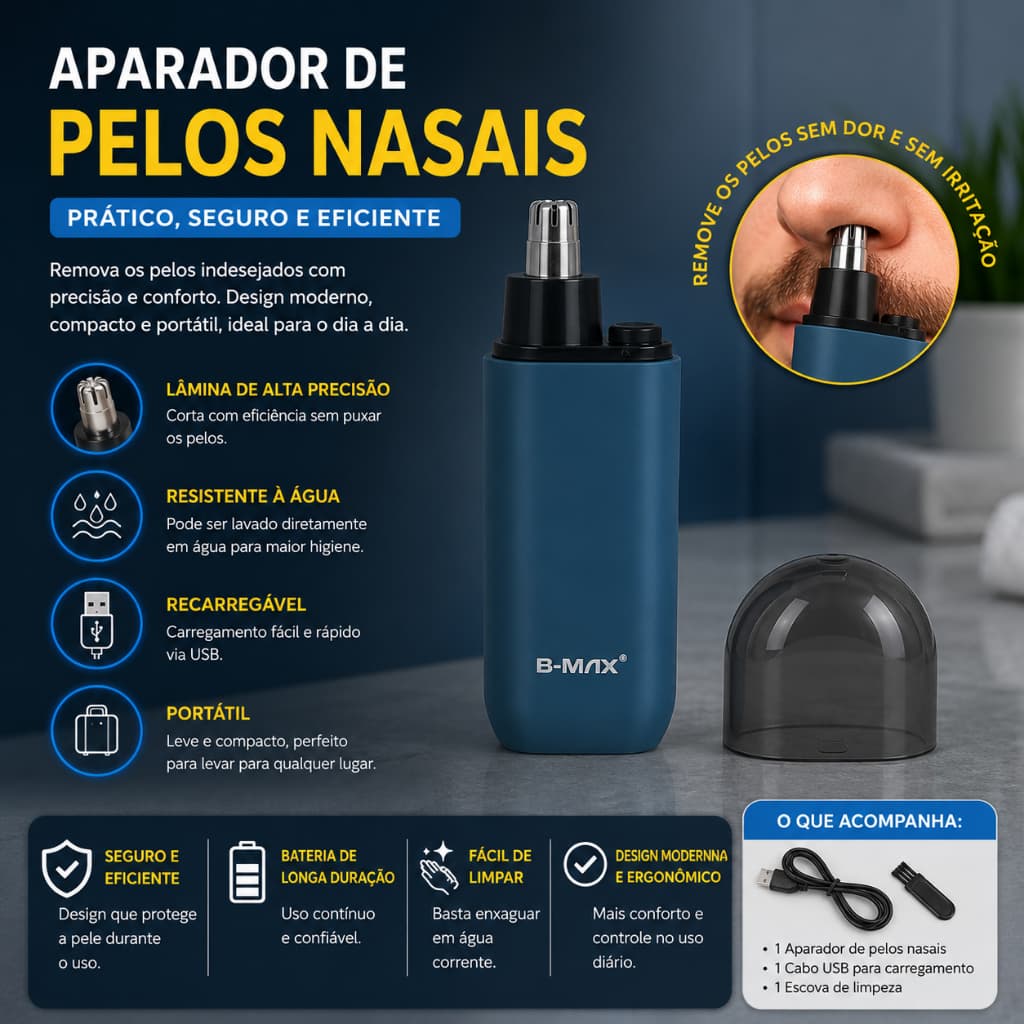 Aparador De Pelos Nasais E Ouvido Elétrico Recarregável USB Portátil Removedor De Pelos Nariz Sobrancelha B-Max Profissi