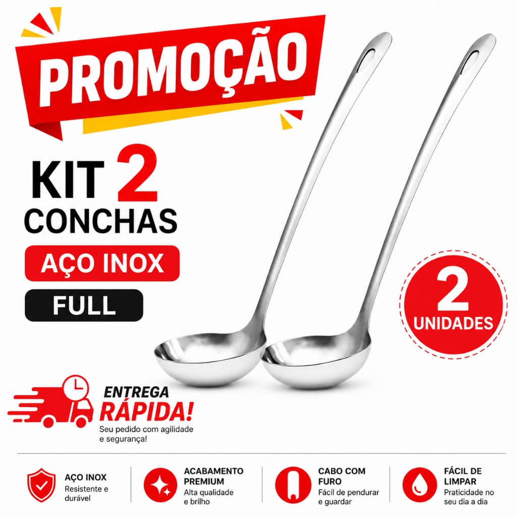 Kit 2 Concha Inox Premium Feijão Sopa Caldo Utensílio Cozinha