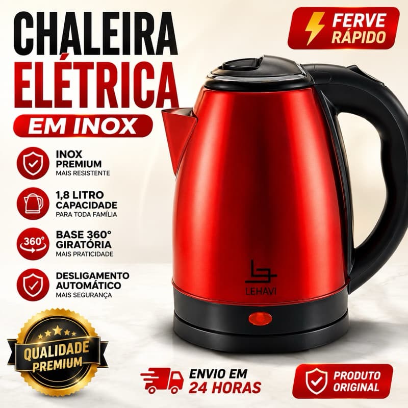 CHALEIRA ELÉTRICA Inox 1,8L 127V ou 220V VERMELHA  Com Base Giratória