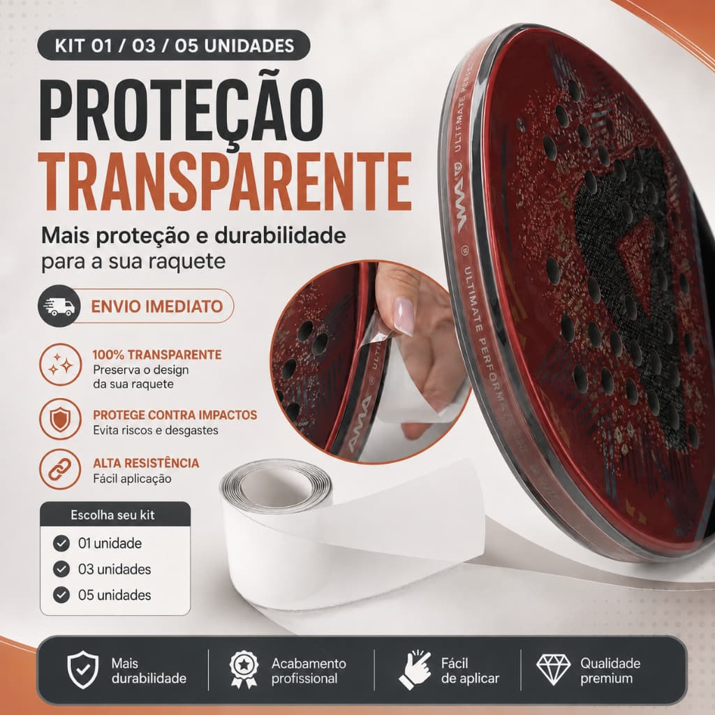 Fita Protetora de Cabeça 1/3/5UN Transparente Raquete BEACH TENNIS, TENIS E PADEL 35mm COBERTURA TOTAL
