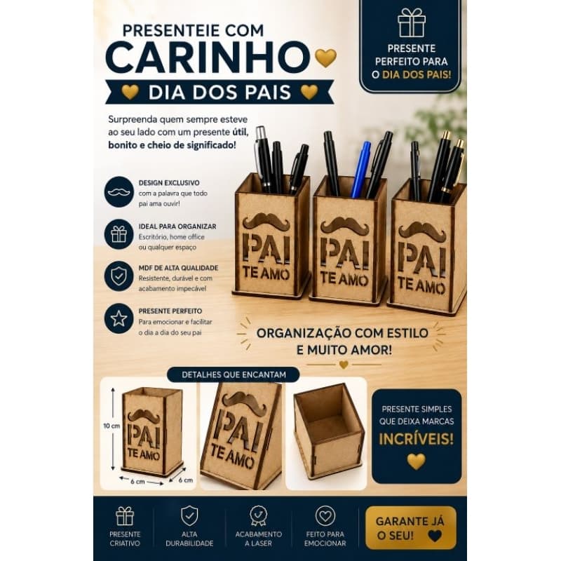 PORTA CANETAS EM MDF -ORGANIZADOR DE MESA " PAI TE AMO" DIA DOS PAIS