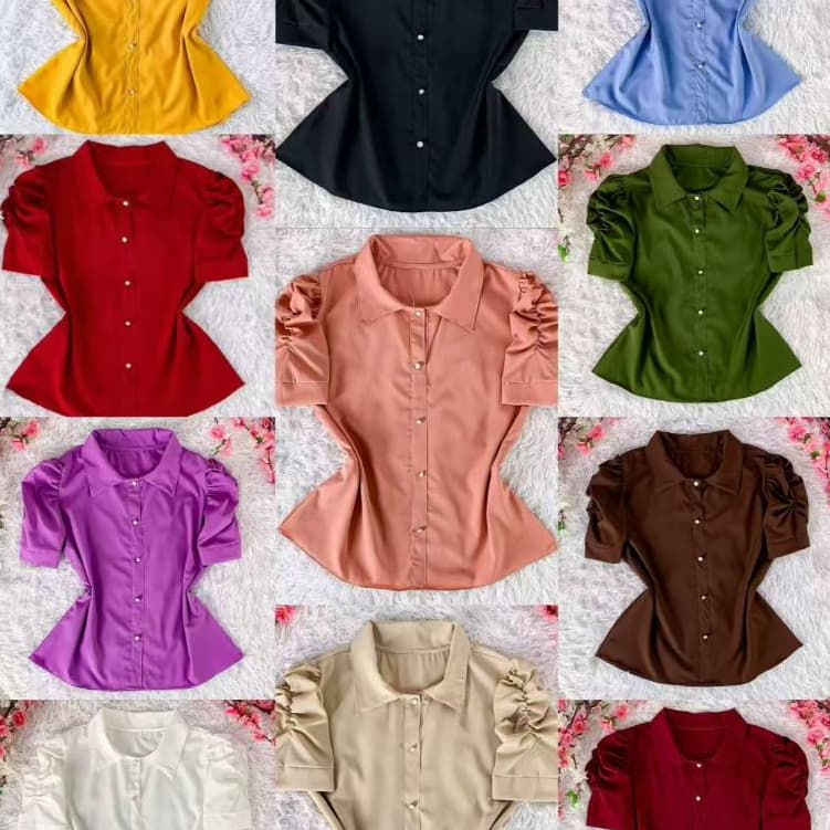 Blusa Camisa Plus Size G1 G2 G3 Feminina Pérola Clássica com Mangas Franzidas