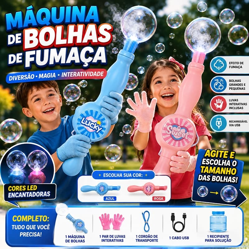 Máquina de Bolhas com Fumaça Bolhas Gigantes USB Infantil com Luvas Mágicas