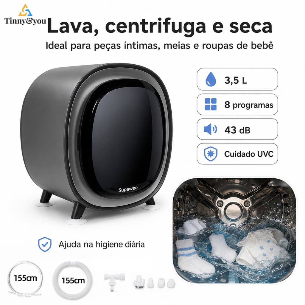 Mini Máquina de Lavar Inteligente  APP WiFi Secagem UV Esterilização Lavagem 96°C Automática 220V