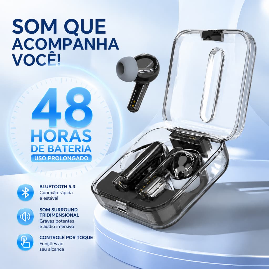 Fone de Ouvido Bluetooth 5.3 Sem Fio Intra-auricular Touch HD Estéreo e Bateria de Até 48 Horas