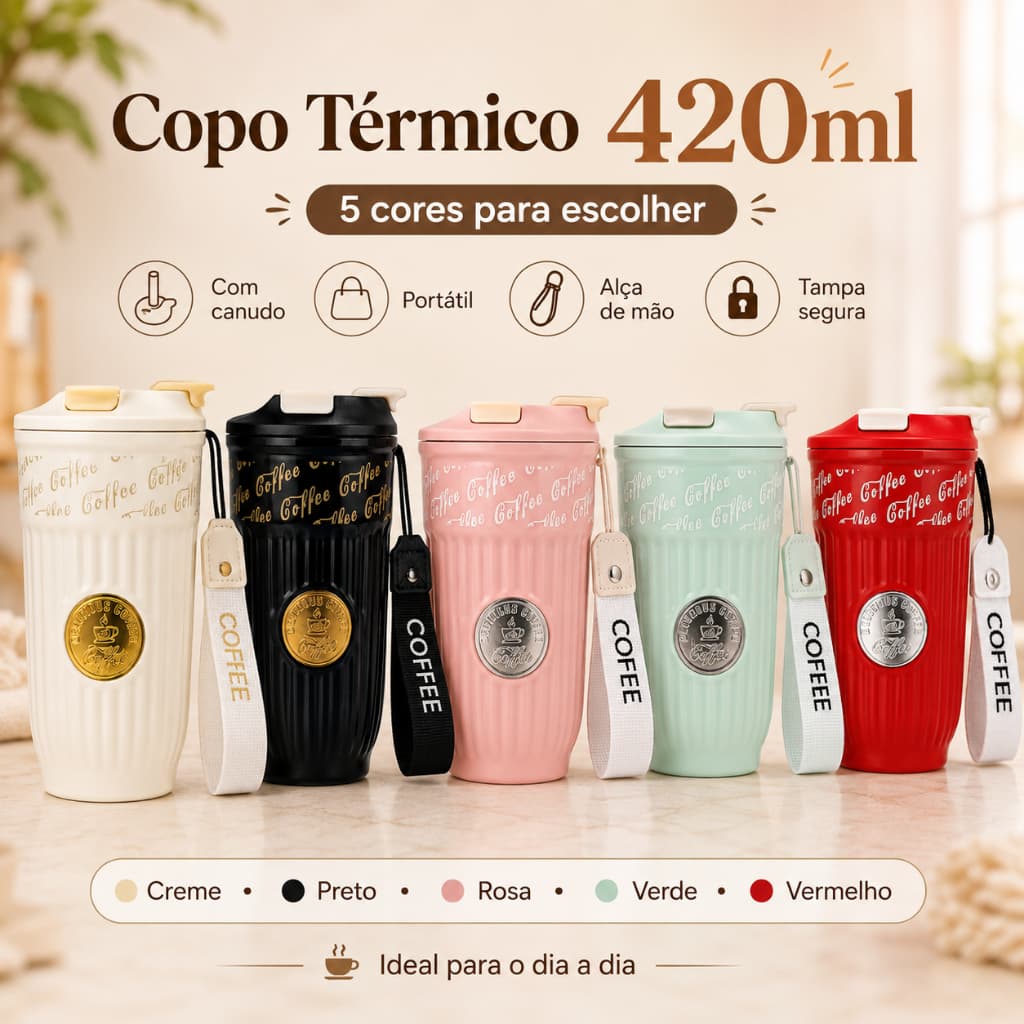 Copo Térmico 420ml Inox 304 Portátil com Alça e Tampa para Café e Bebidas Quentes e Frias