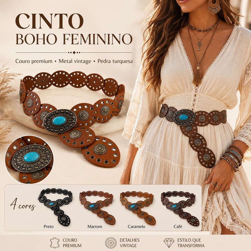Cinto boho chic prata fivela oval com incrustação turquesa largura 6cm acessório de moda feminina