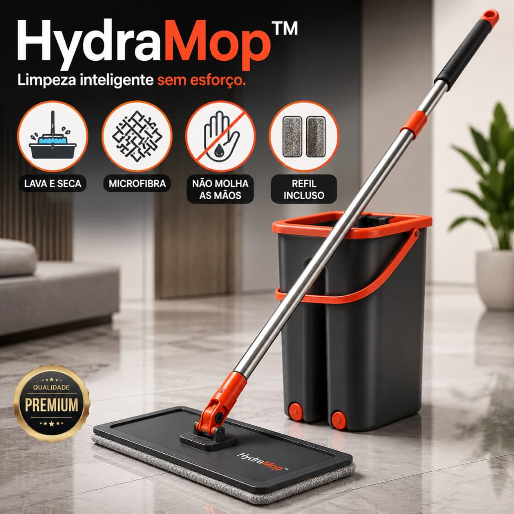 Mop Flat Lava e Seca HydraMop™ com Balde Microfibra Alta Absorção 1 Refil Limpeza Rápida Rodo Mágico