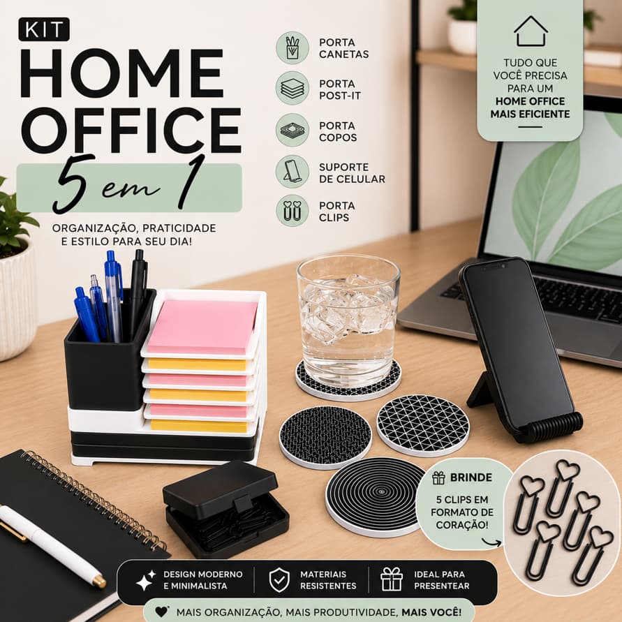 Kit Organizador Mesa Home Office Premium 5 em 1 mais Brinde