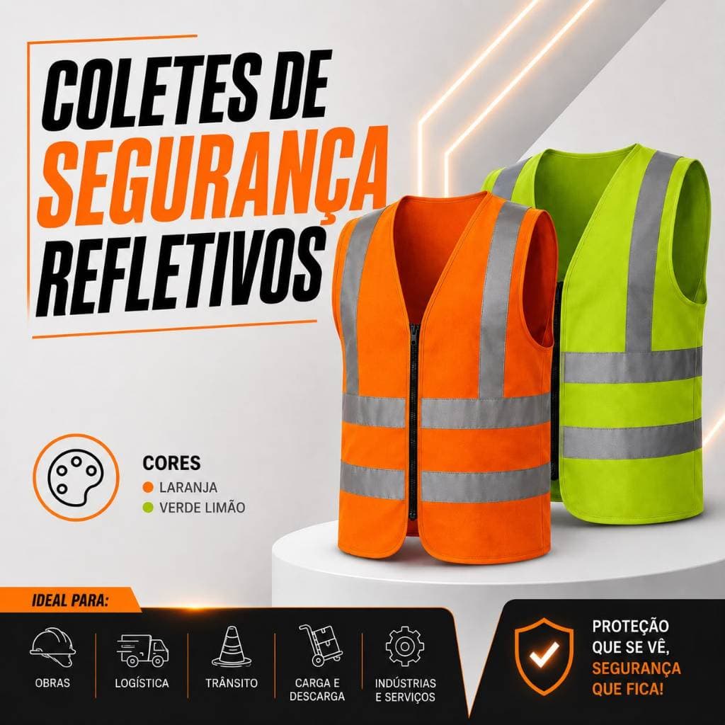 Colete Refletivo Com Ziper EPI Segurança Alta Visibilidade Verde e Laranja Tamanho do P ao XXXG